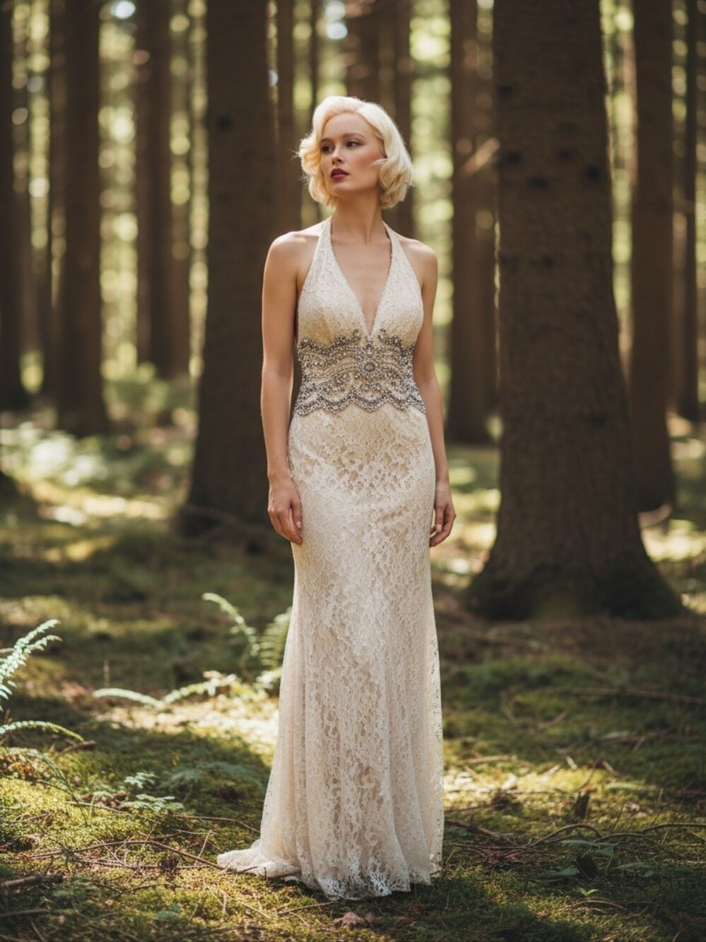 NWOT Anna Campbell Silk Lace Halter Wedding Gown With Rhinestones - Size Small